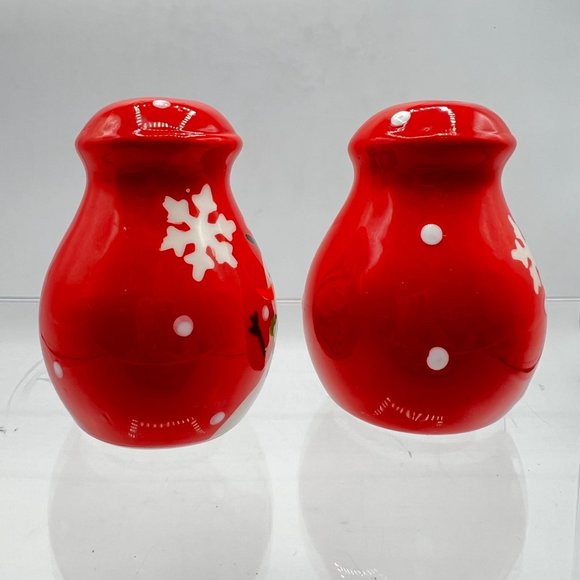 Christmas Snowman Salt Pepper Shaker Set Red White Snowflakes Holiday Decorative - Picture 5 of 8